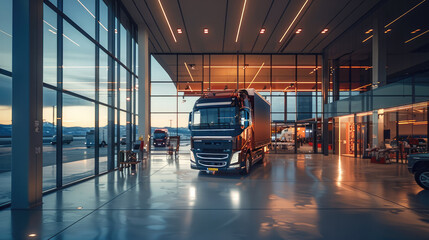 A modern truck showroom with big windows. Generative AI.