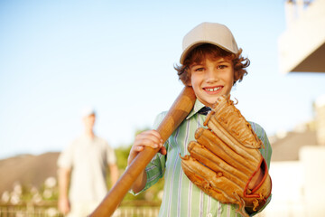 Boy, baseball and bat in portrait, garden and backyard for games with dad for love, bonding and...