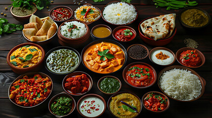 Assorted indian food on dark wooden background, Dishes and appetizers of indian cuisine, Curry,...