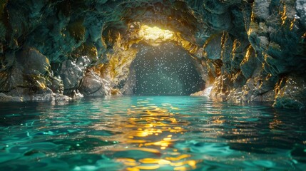 Mystical underwater cave with shimmering green and blue waters illuminated by natural light - obrazy, fototapety, plakaty