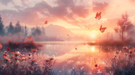 Tranquil Waters: Watercolor Dawn Reflection with Hovering Butterflies and Dewy Flora