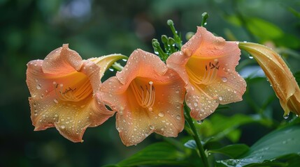 Top trumpet flower in rainy season against green backdrop