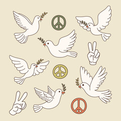 Symbols of Peace - Hand Gesture, Dove, Olive Branch Icon Collection. Pigeon Bird Set, Flat Vector Illustration
