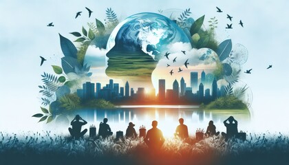 World Environment Day for Earth with Cityscape Nature Silhouette Meditation - obrazy, fototapety, plakaty