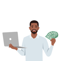Young man making money in internet. Winning plenty of money in social media on laptop. Holding cash. Flat vector illustration isolated on white background