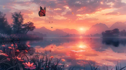  Butterfly Ballet: Watercolor Serene Lake at Dawn with Reflective Sky and Morning Dew © Thien Vu