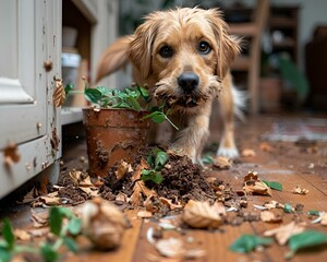 AI generated illustration of a playful dog surrounded by soil near a flower pot