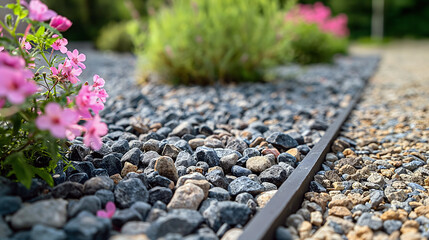 A close up of a beautiful pebble garden path, accentuated by a row of vibrant pink geraniums. The stones provide a natural texture that complements the bright floral display.