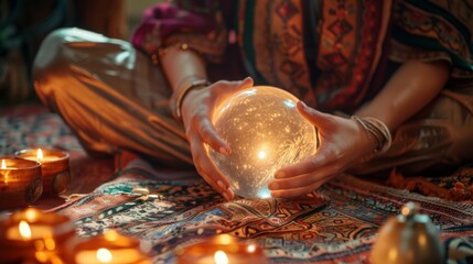 Fortune Teller Gazing into Crystal Ball with Intense Focus. - obrazy, fototapety, plakaty