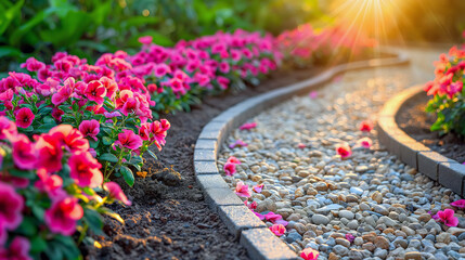 Lush pink petunias bask in the warmth of a sunset, lining a gracefully curved garden path. The scene captures the stones' smooth texture contrasting with the soft petals, creating a peaceful ambiance. - obrazy, fototapety, plakaty