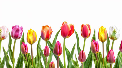 Colorful tulips in a row on white background. Copy space for text.