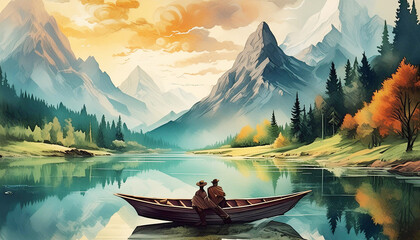 A scene of calm and relaxing mountain scene with a lake and dramatic sky at sunset in the background