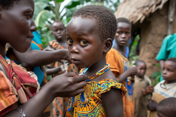 Petite fille dans un village d'Afrique qui va recevoir un vaccin, entourée d'autres enfants qui vont être vaccinés aussi. Santé mondiale - Powered by Adobe
