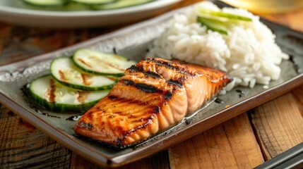 Grilled salmon fillet served with steamed white rice and fresh cucumber slices on a wooden surface