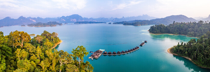 Floating bungalow on the Cheow lan Lake in Khao Sok National Park in Surat Thani, Thailand