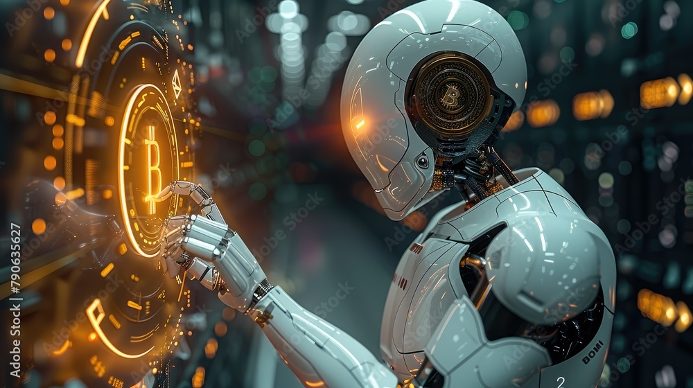 Poster Artificial intelligence bot with a coin in his hand , blockchain background. Generative AI.