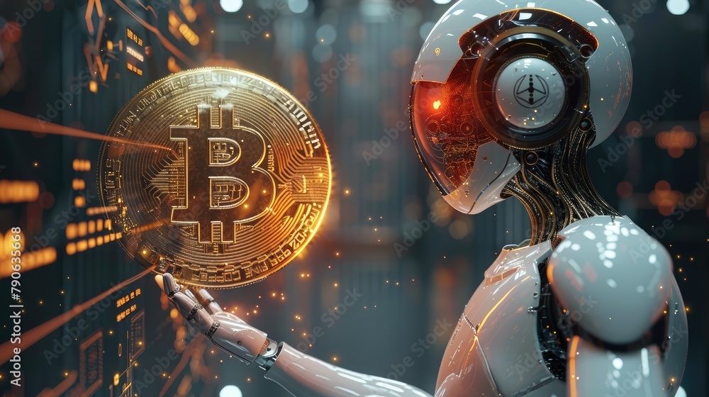 Poster Artificial intelligence bot with a coin in his hand , blockchain background. Generative AI.