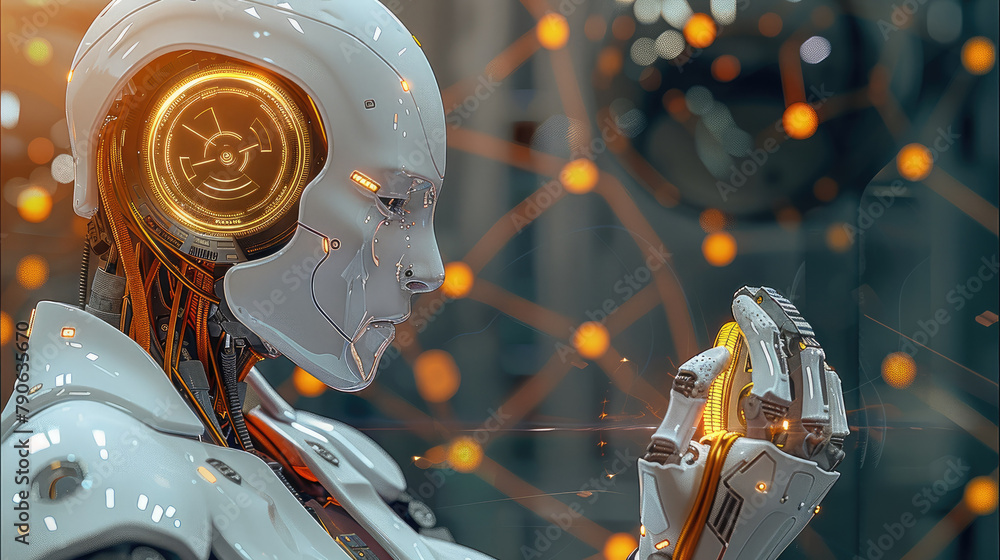 Poster Artificial intelligence bot with a coin in his hand , blockchain background. Generative AI.
