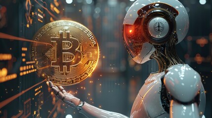 Artificial intelligence bot with a coin in his hand , blockchain background. Generative AI.