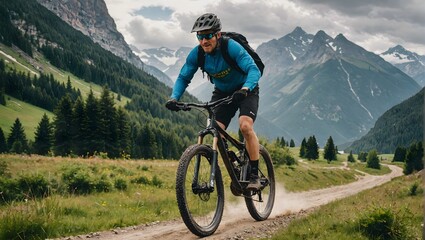Man riding mountain bike in beautiful weather and environment