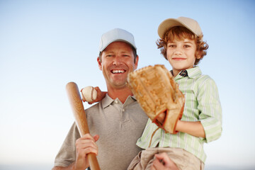 Father, boy and happy in portrait for baseball, game or hug with love, bonding and teaching....