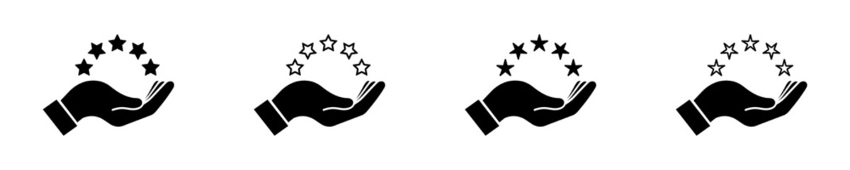 Set of hand and five stars vector icons. Customer feedback. Best rating or satisfaction. High service. 