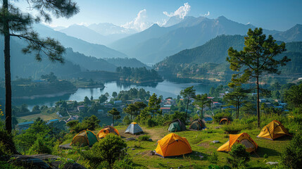 The sun rises over a terraced hillside camping site with multiple tents, overlooking a tranquil lake surrounded by mountains.
