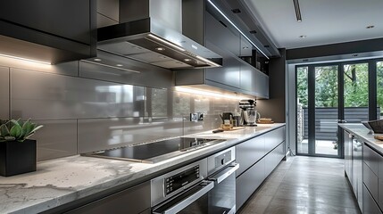 Modern style kitchen with stainless steel cabinets, range hood built into the wall above the counter, digital display on the stove front above the stove, dark gray walls. Generative AI.