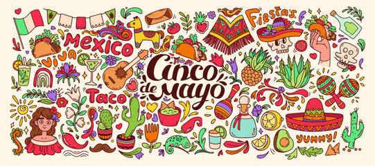 Cinco de Mayo doodle set color. Mexican food elements, traditions, plants big collection. Mexican celebration background. Guitar, sombrero, maracas, cactus and chili, taco, tequila isolated on white.