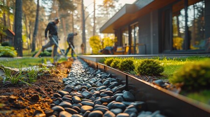 Focused work on garden landscaping with metal edging, highlighting modern outdoor living and design
