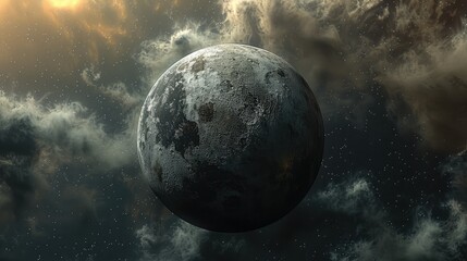 A single planet left with black clouds in a deteriorating galaxy with all the other planets destroyed. Generative AI.