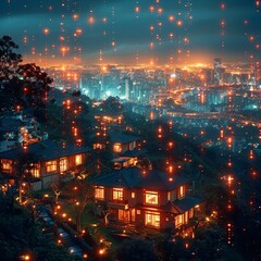 Fototapeta premium Cybernetic urban renewal, smart tech transforms old neighborhoods, community and connectivity