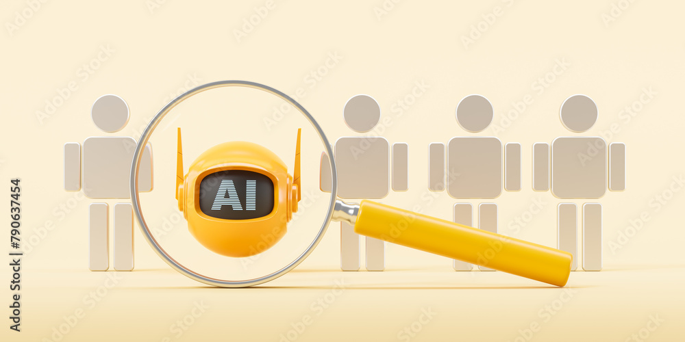 Aufkleber magnifier and ai bot with people figures in row, machine replace humans