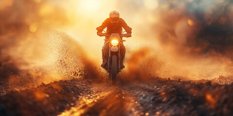 racer on sport enduro motorcycle races on dusty road at sunset in summer - obrazy, fototapety, plakaty