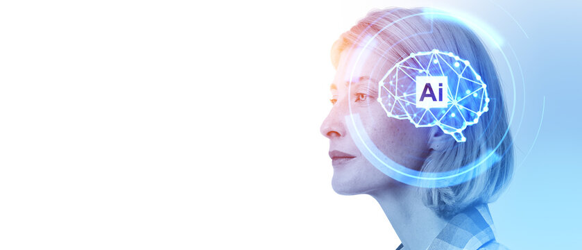 Woman and AI brain hologram with connection lines, machine learning. Copy space