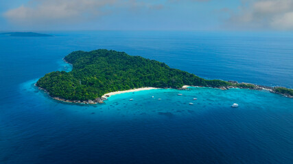 The aerial view with tropical seashore island in turquoise sea Amazing nature landscape