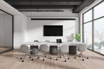 Obraz premium Modern office interior with a long meeting table, chairs, and city view through large windows. Light, contemporary business space. 3D Rendering