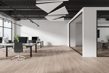 Office interior with coworking and glass conference room, panoramic window - obrazy, fototapety, plakaty