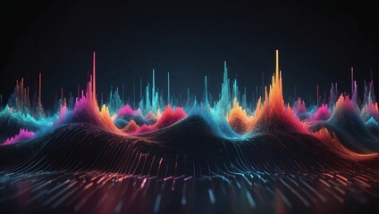 Futuristic abstract background with D sound waves visualization in a digital landscape.
