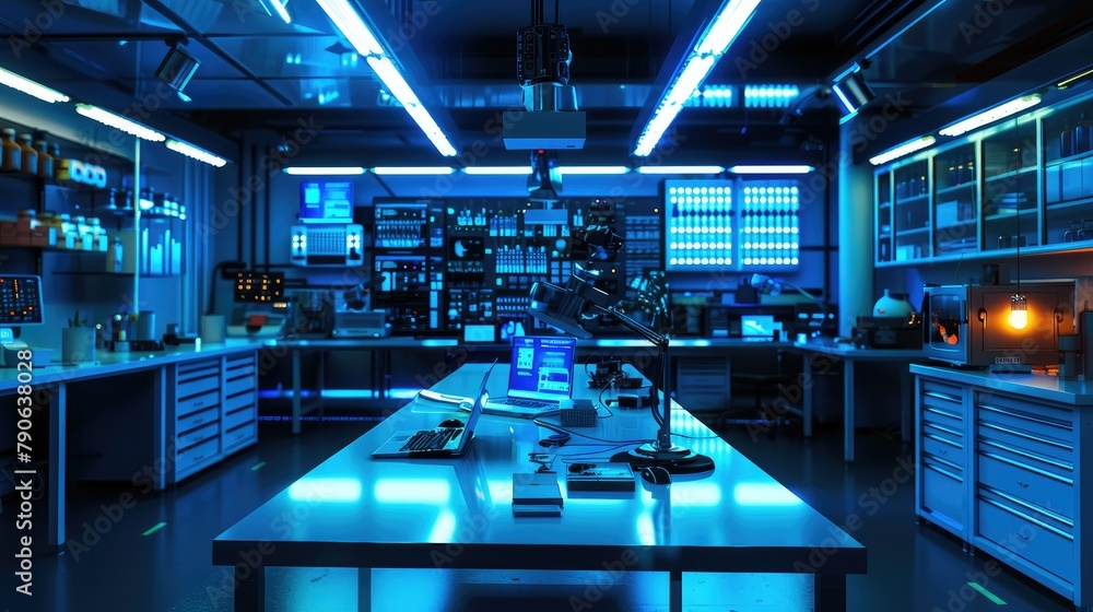 Poster make a laptop repair laboratory, with tables in the background, led screens, holograms. generative a