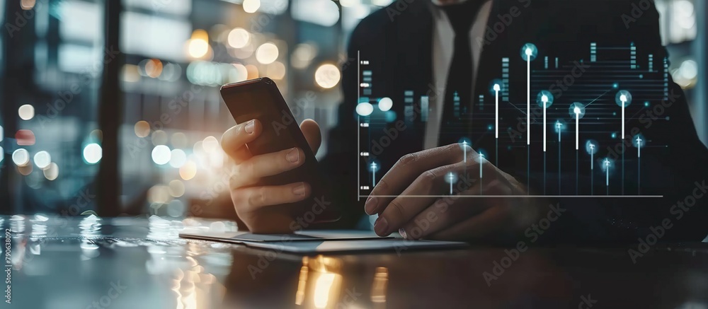Aufkleber businessman hand show stock chart showing rising stock sign with graph indicator. a growing virtual 