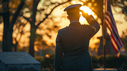 A soldier in uniform saluting at sunset