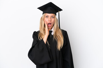 Young university graduate caucasian woman isolated on white background surprised and shocked while looking right
