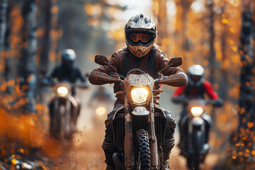 male motorcycle racers on sports enduro motorcycles riding on a road in the forest