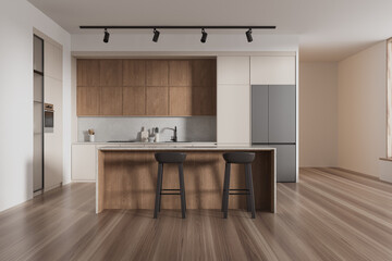 A modern kitchen interior with wooden features, light background, minimalistic design, emphasizing clean lines. 3D Rendering - obrazy, fototapety, plakaty