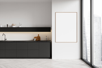 Modern home kitchen interior with cabinet and panoramic window. Mock up frame - obrazy, fototapety, plakaty