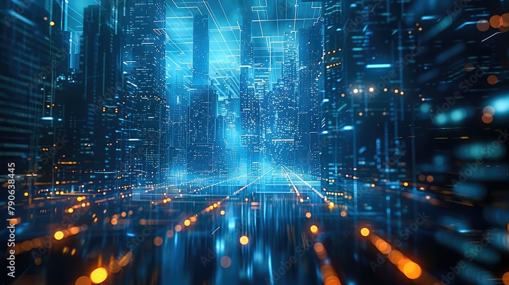 Fototapete digital hologram of urban buildings, composed of data and code lines in blue color, floating on the 