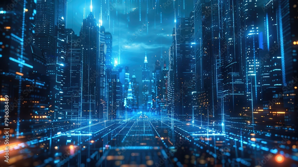Leinwandbilder digital hologram of urban buildings, composed of data and code lines in blue color, floating on the 