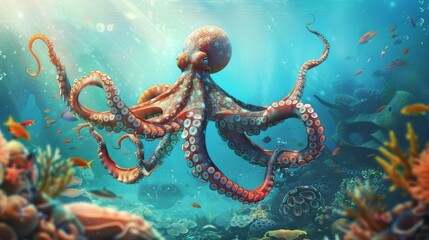 Underwater scene with an octopus rising as a leader against a backdrop of conforming sea creatures, sunny and vibrant underwater world - obrazy, fototapety, plakaty