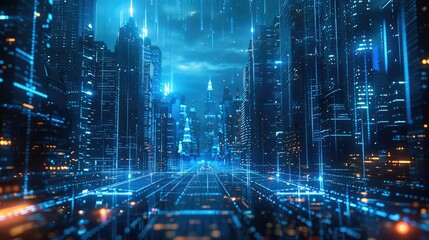 Digital hologram of urban buildings, composed of data and code lines in blue color, floating on the digital grid background with glowing effects. Generative AI.